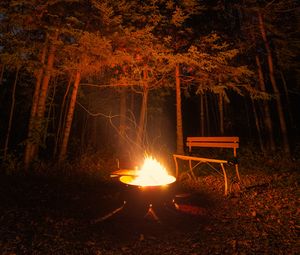 Preview wallpaper bonfire, bench, forest, night