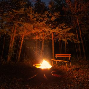 Preview wallpaper bonfire, bench, forest, night