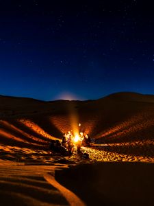 Preview wallpaper bonfire, camping, desert, people, night, starry sky, morocco