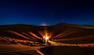 Preview wallpaper bonfire, camping, desert, people, night, starry sky, morocco