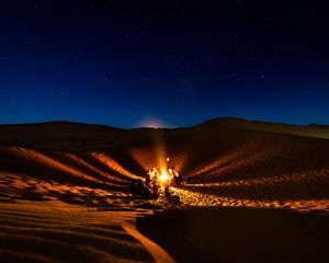 Preview wallpaper bonfire, camping, desert, people, night, starry sky, morocco