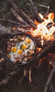 Preview wallpaper bonfire, camping, fried eggs, fire