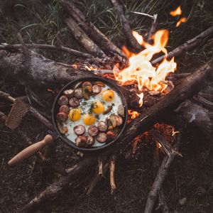 Preview wallpaper bonfire, camping, fried eggs, fire