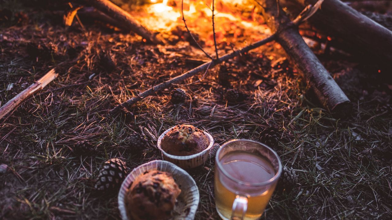 Wallpaper bonfire, cup, cupcakes, tea, nature hd, picture, image