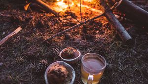 Preview wallpaper bonfire, cup, cupcakes, tea, nature