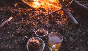 Preview wallpaper bonfire, cup, cupcakes, tea, nature