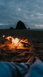 Preview wallpaper bonfire, fire, beach, sand, dusk