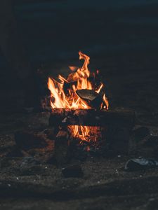 Preview wallpaper bonfire, fire, camping, firewood, night