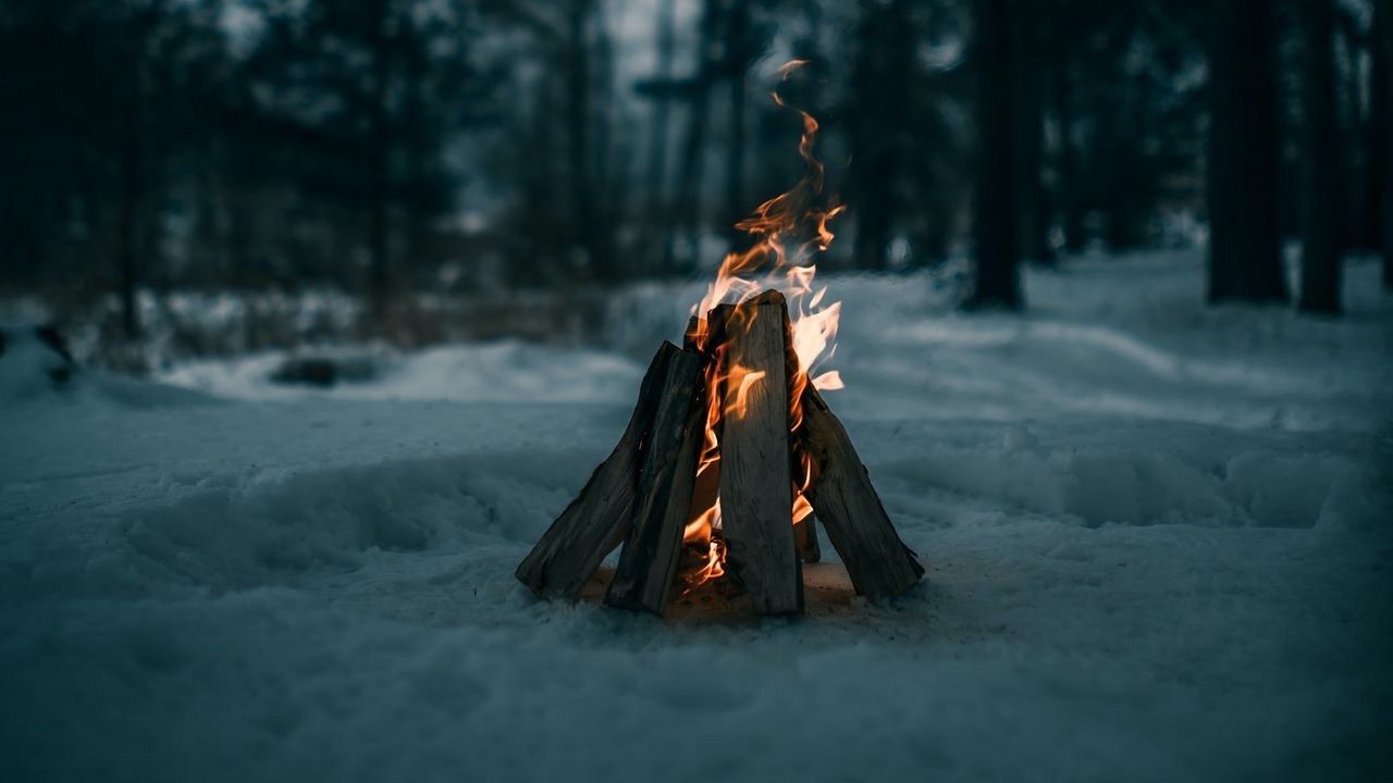Wallpaper bonfire, fire, firewood, snow, winter