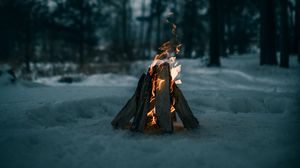 Preview wallpaper bonfire, fire, firewood, snow, winter