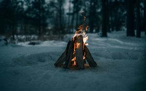 Preview wallpaper bonfire, fire, firewood, snow, winter