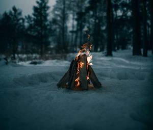 Preview wallpaper bonfire, fire, firewood, snow, winter