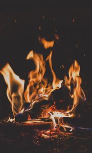Preview wallpaper bonfire, fire, flame, firewood, ash, coal, camping, dark