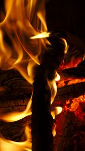 Preview wallpaper bonfire, fire, flame, wood, coals, dark