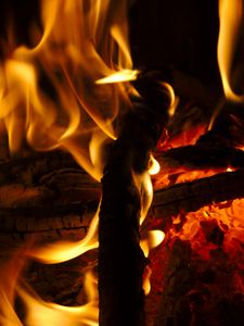 Preview wallpaper bonfire, fire, flame, wood, coals, dark