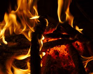 Preview wallpaper bonfire, fire, flame, wood, coals, dark