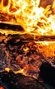 Preview wallpaper bonfire, fire, flames, coals, ash, firewood
