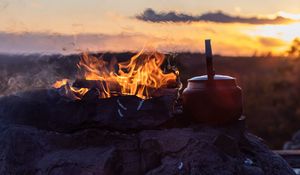 Preview wallpaper bonfire, fire, kettle, camping, nature