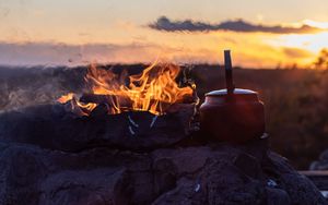 Preview wallpaper bonfire, fire, kettle, camping, nature