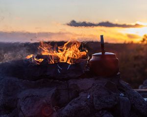 Preview wallpaper bonfire, fire, kettle, camping, nature