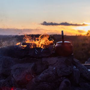 Preview wallpaper bonfire, fire, kettle, camping, nature