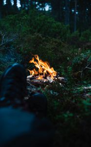 Preview wallpaper bonfire, fire, legs, camping, rest, grass