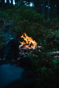 Preview wallpaper bonfire, fire, legs, camping, rest, grass