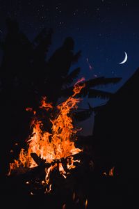 Preview wallpaper bonfire, fire, night, palm, moon, starry sky