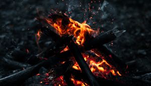 Preview wallpaper bonfire, fire, sparks, smoke, firewood