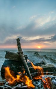 Preview wallpaper bonfire, flame, logs, coals, sunset