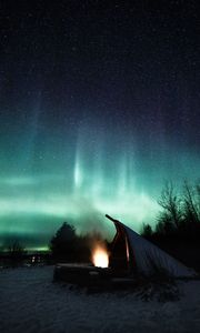 Preview wallpaper bonfire, hut, northern lights, night, dark