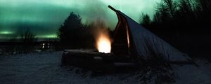Preview wallpaper bonfire, hut, northern lights, night, dark