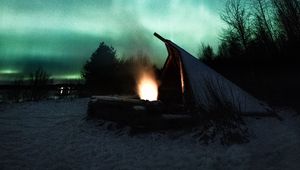 Preview wallpaper bonfire, hut, northern lights, night, dark