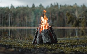Preview wallpaper bonfire, logs, flame, fire, forest