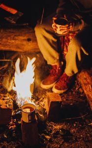 Preview wallpaper bonfire, mug, tea, camping, rest