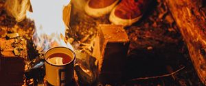 Preview wallpaper bonfire, mug, tea, camping, rest