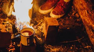 Preview wallpaper bonfire, mug, tea, camping, rest