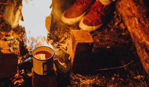 Preview wallpaper bonfire, mug, tea, camping, rest