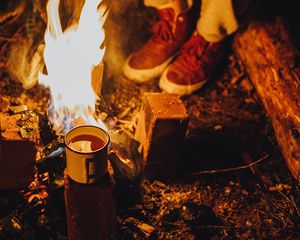 Preview wallpaper bonfire, mug, tea, camping, rest