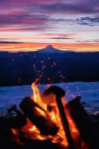 Preview wallpaper bonfire, nature, mountains, dusk, landscape