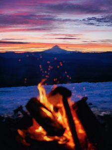 Preview wallpaper bonfire, nature, mountains, dusk, landscape