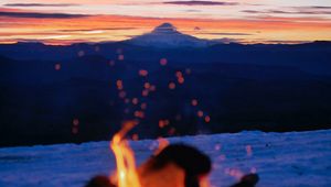 Preview wallpaper bonfire, nature, mountains, dusk, landscape