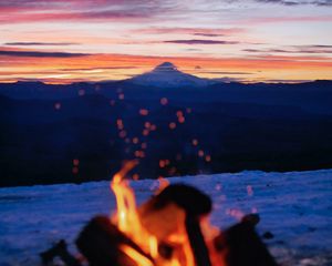 Preview wallpaper bonfire, nature, mountains, dusk, landscape