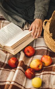 Preview wallpaper book, apples, hand, plaid, rest