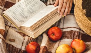 Preview wallpaper book, apples, hand, plaid, rest