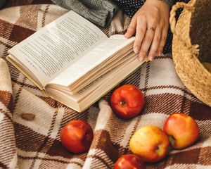 Preview wallpaper book, apples, hand, plaid, rest