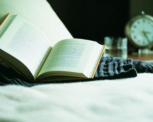 Preview wallpaper book, bed, alarm clock, reading