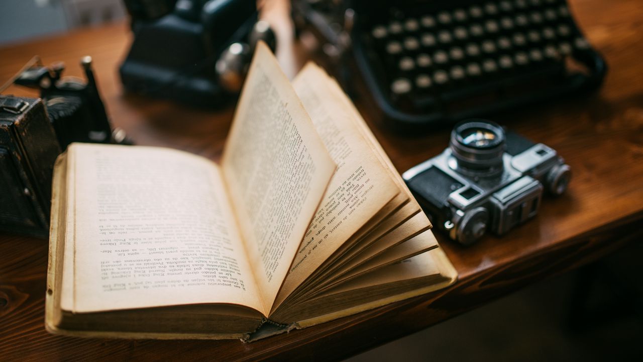 Wallpaper book, camera, table, retro