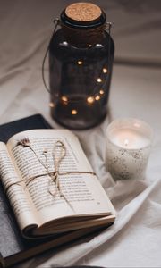 Preview wallpaper book, candle, bottle, thread, herbarium