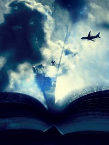 Preview wallpaper book, clouds, fantasy, bicycle, airplane